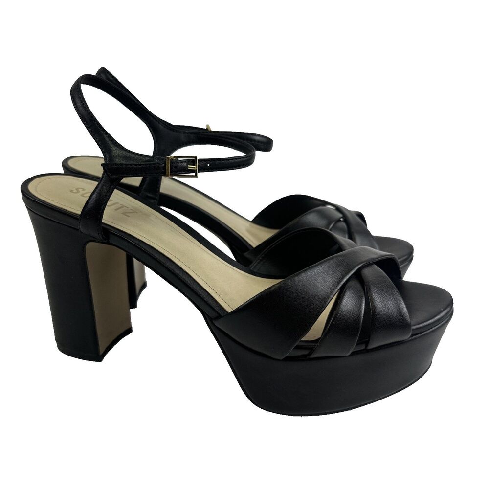 SCHUTZ Keffa Heel Sandal Black Leather Strappy Ankle Buckle High Block Heel 9
